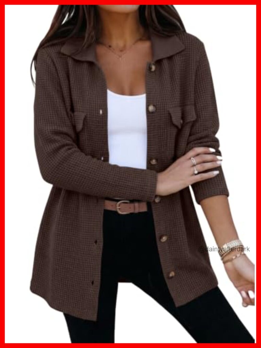 Waffle Chunky Knit Button Down Cardigan Shacket V-Neck Loose Fit